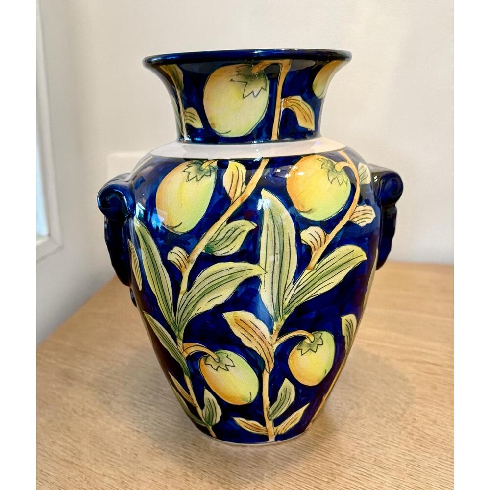 Antique Art Deco Czechoslovakian Vase “Fruits” Pattern Figural Mask Handles